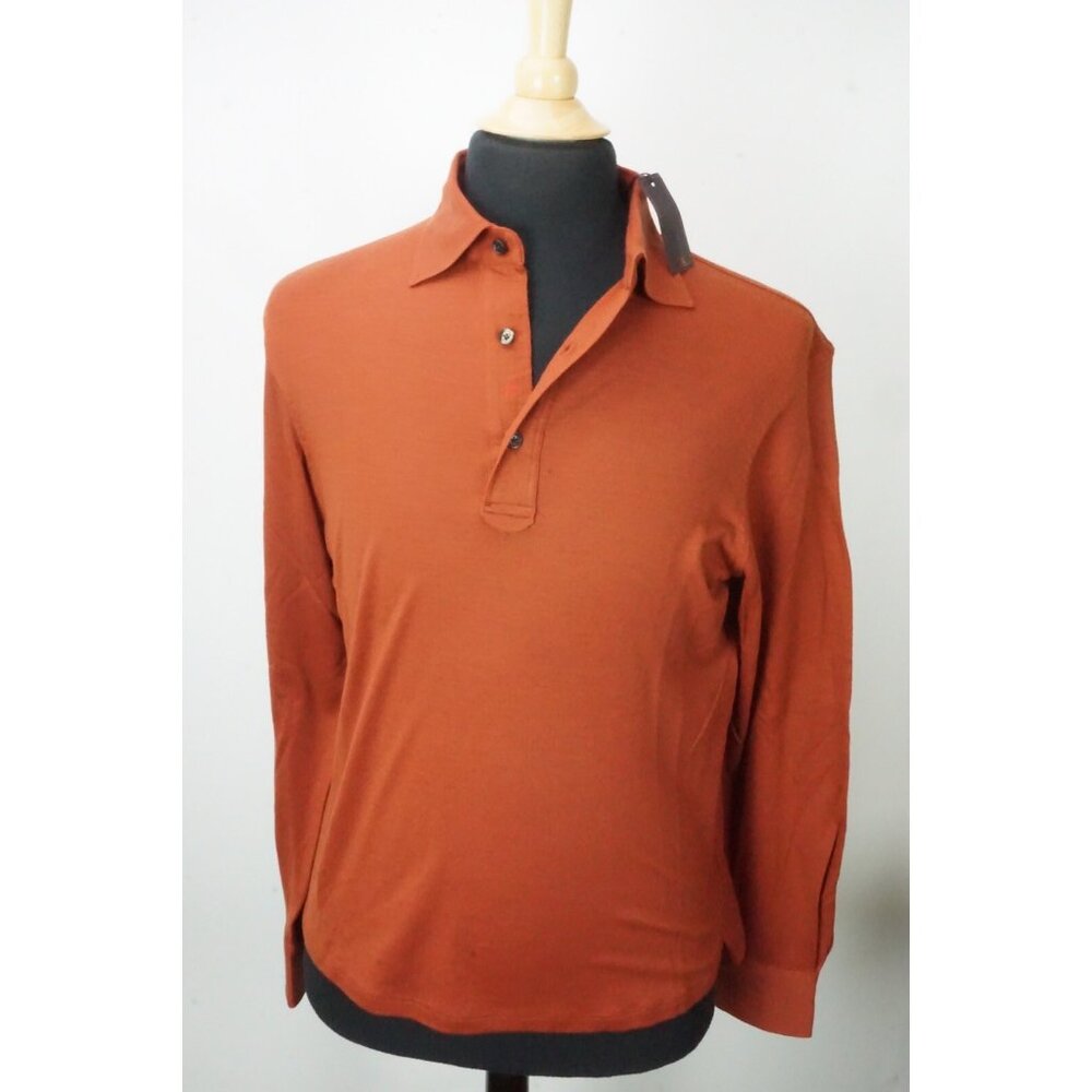 Isaia Napoli Rust Jersey Sartorial Wool Handmade Long Sleeve Polo Shirt XL NEW